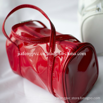 Red Patent PU Cosmetic Pouch with Piping and Handle